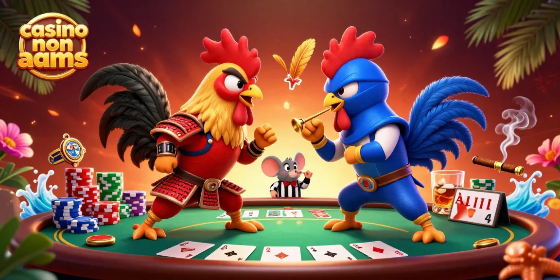 Scena coinvolgente di casinò non AAMS illustrata con galli che mostrano rivalità nel poker, evidenziando elementi di gioco vibranti.