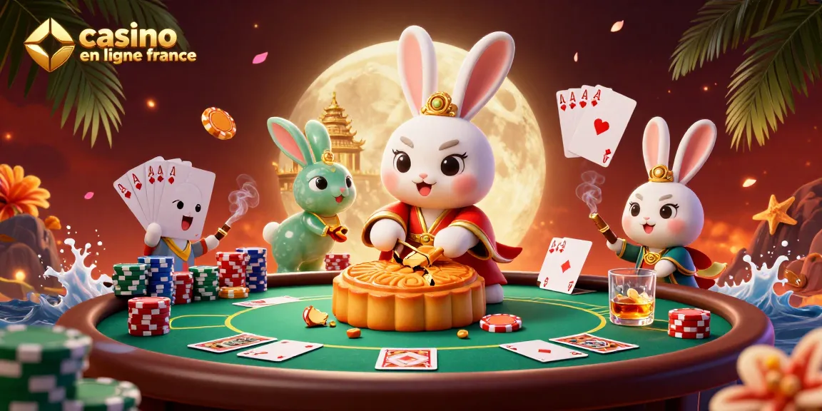 Illustration captivante de casino en ligne France avec un lapin lunaire et des éléments de jeu.