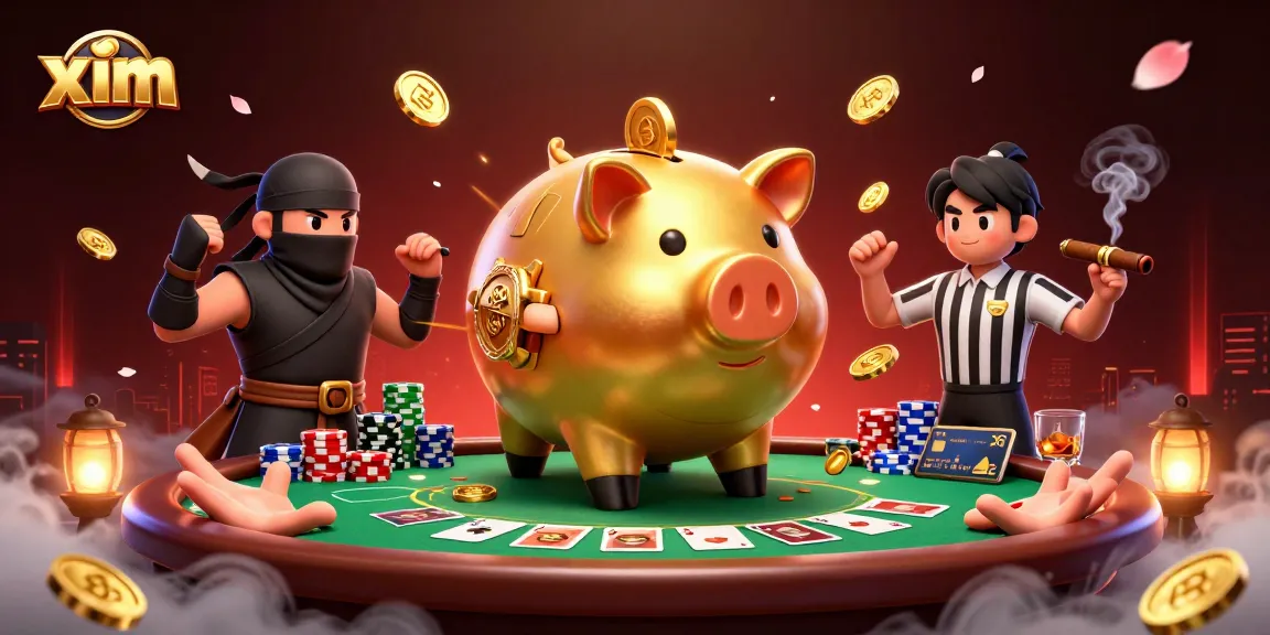 Engage in thrilling gameplay with xim as a golden piggy bank sumo wrestler dominates the casino table.