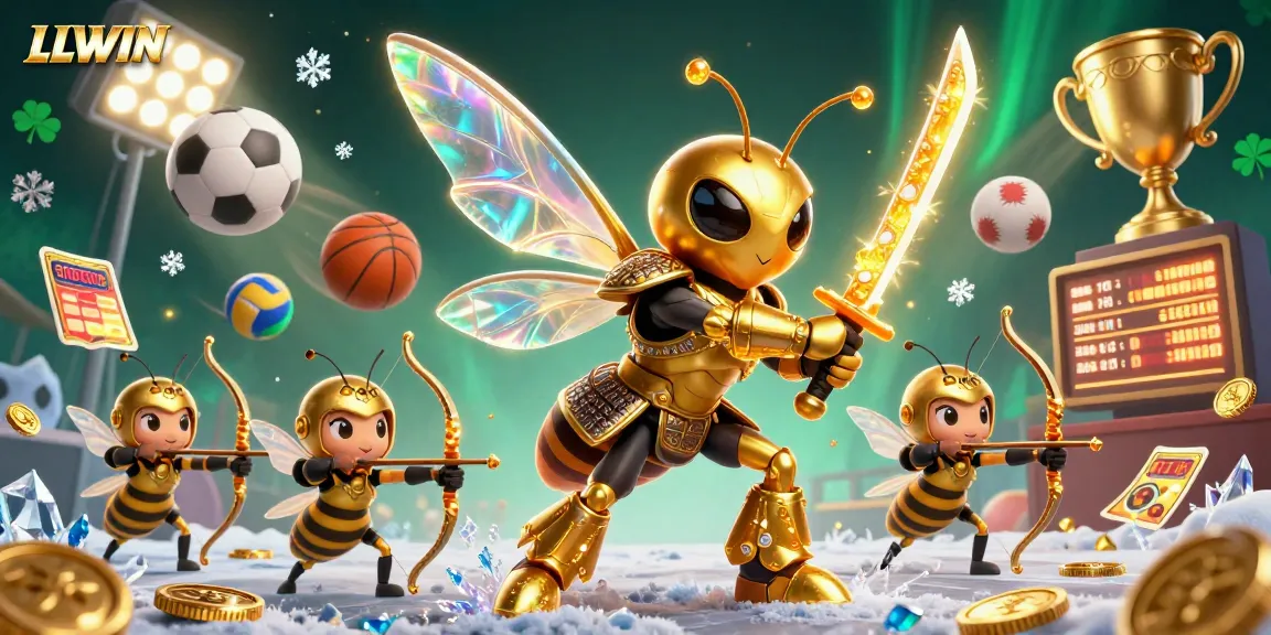 LLWIN showcases a vibrant 3D casino scene filled with dynamic sports elements and a golden hornet in samurai armor.