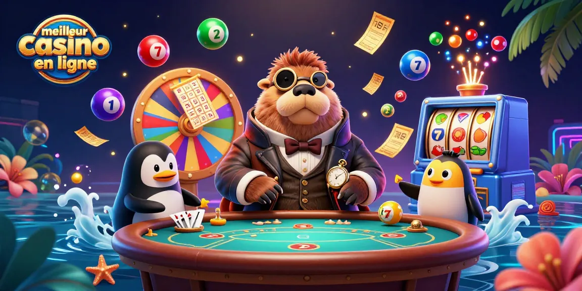 Illustration immersive d'un meilleur casino en ligne avec un morse et un jeu de poker sous-marin.