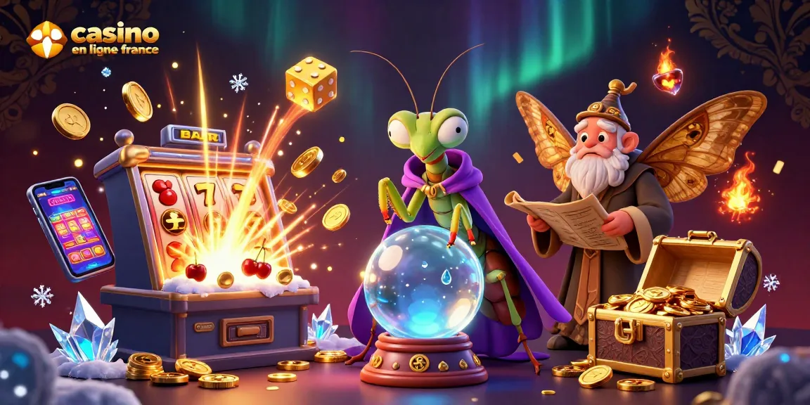 Illustration captivante du casino en ligne France avec une mante religieuse voyante et un papillon sage.