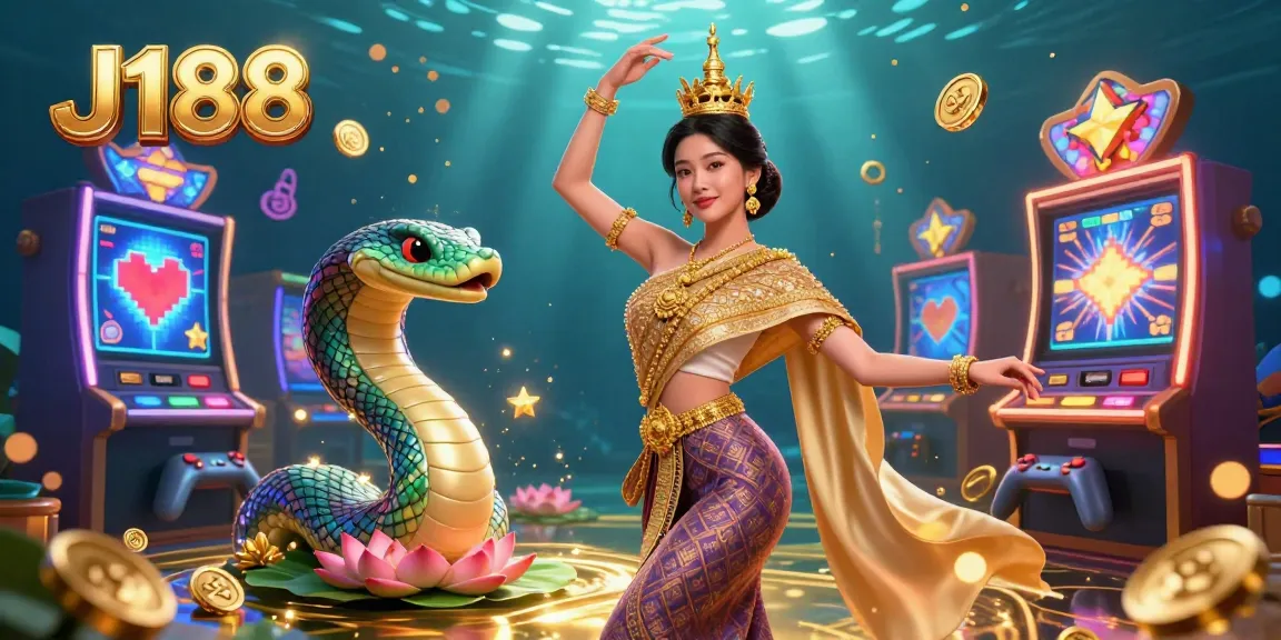 Experience thrilling games at J188, depicted with a graceful dancer and vibrant casino elements in a rich 3D illustration.