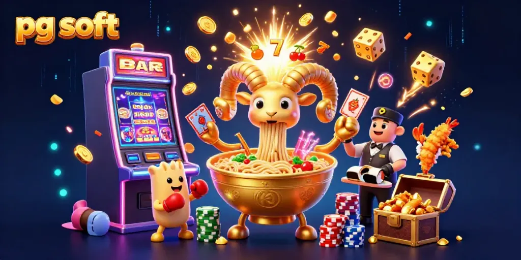 Ilustrasi 3D menarik dari pg soft dengan karakter kasino penuh warna, permainan slot, dan efek jackpot.