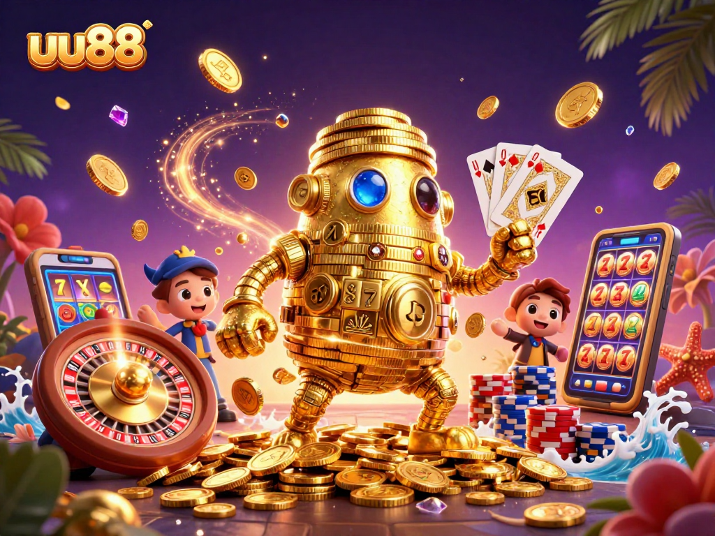 Experience thrilling adventures with the uu88 brand in this vibrant casino-themed illustration.