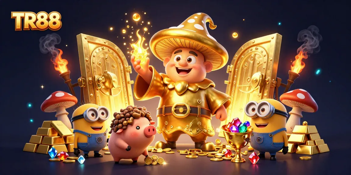 TR88 brings fortune with the golden mushroom wizard, treasure vault, and vibrant casino magic.