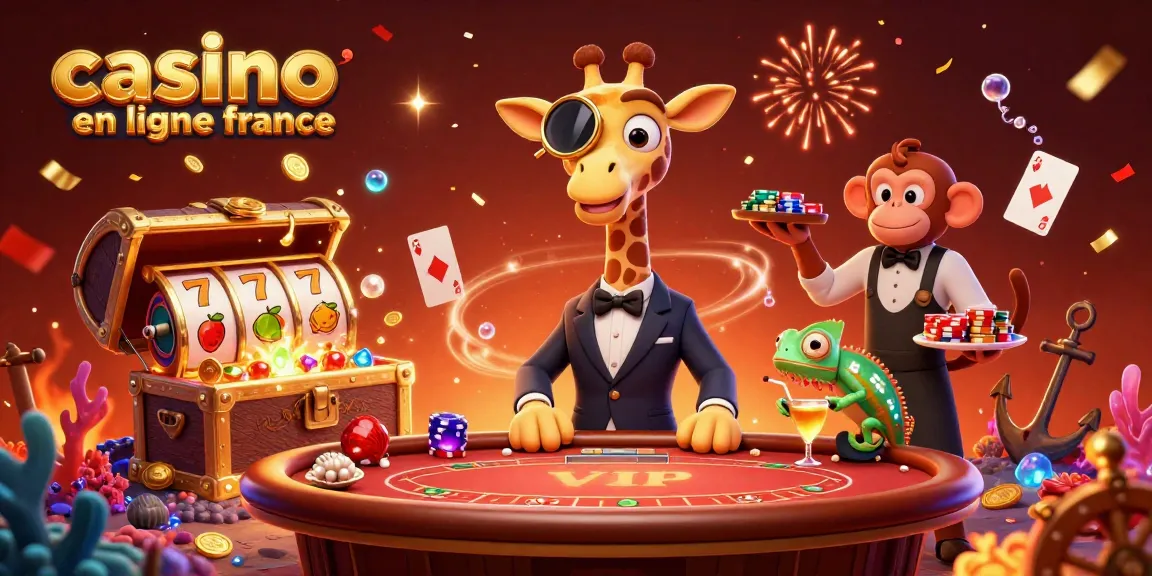 Découvrez l'univers vivant de casino en ligne france avec une girafe croupier, un valet et un barman en scène dynamique.