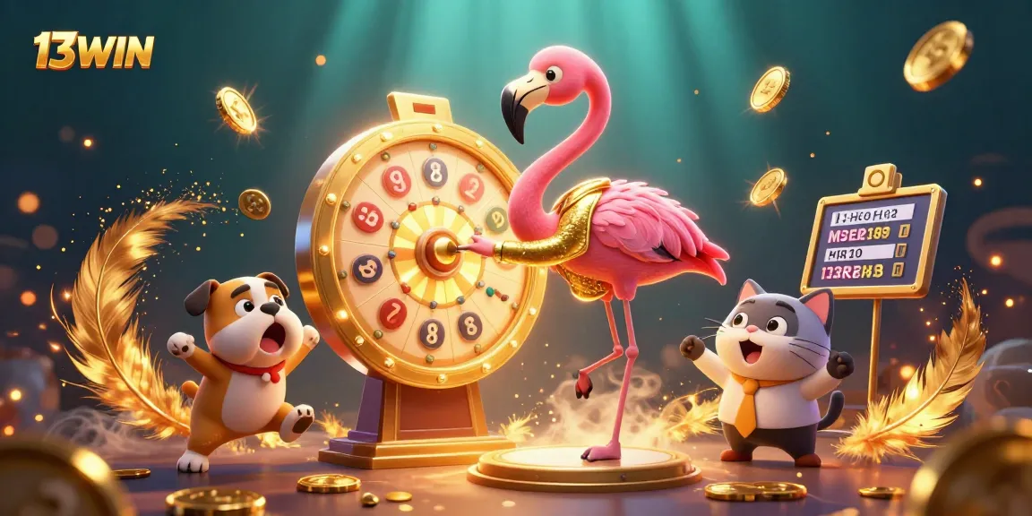 Engage with 13WIN's exciting gaming world as flamingos spin prizes amid vibrant casino visuals.