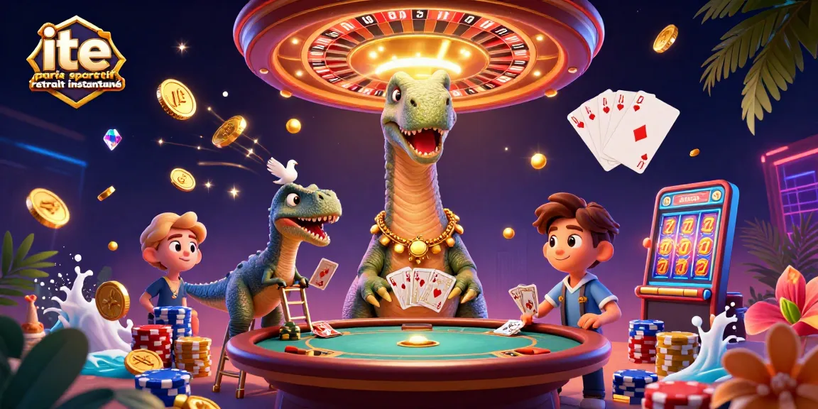Retrait instantané paris sportif, illustrant un brontosaure et un raptor dans un casino animé.