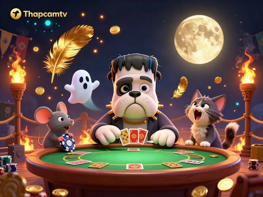 Thapcamtv showcases a vibrant gambling scene with a cartoon bulldog dealer and gold-themed elements.