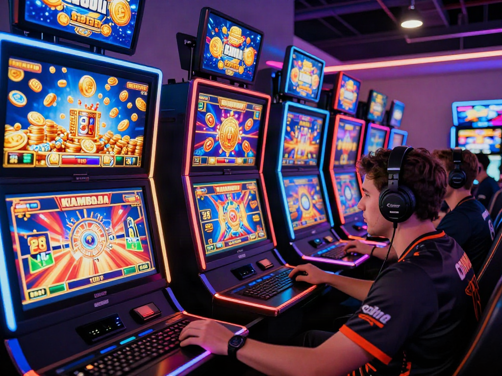 Engaging online gaming scene featuring slot kamboja games with vibrant LED lighting and an excited player at a high-tech setup.