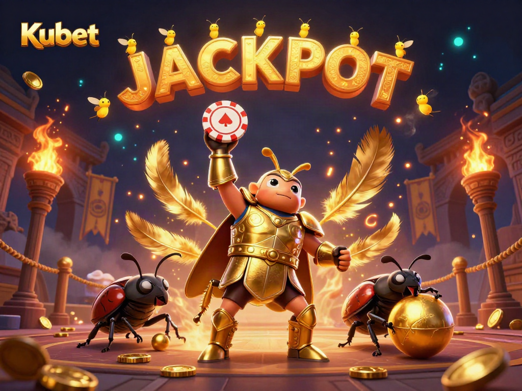 Kubet showcases a victorious beetle lifting a poker chip amidst a vibrant casino scene
