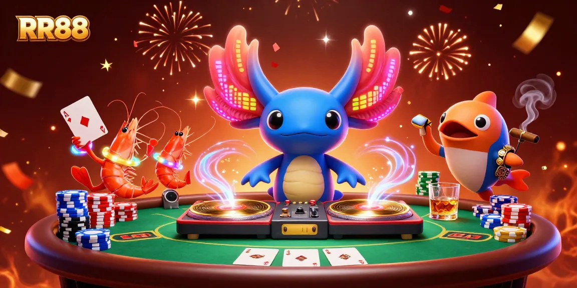 Experience RR88 with vibrant axolotl DJ and festive poker elements for top gaming thrills.