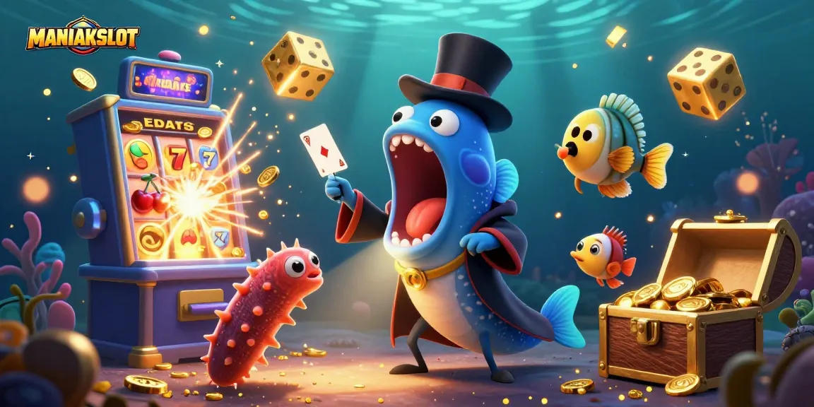 Experience the thrill of MANIAKSLOT with a vibrant underwater casino scene featuring fun characters and rich details.