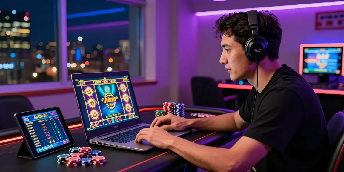 Engaged player enjoying judi slot gacor session on a laptop in vibrant gaming setup.