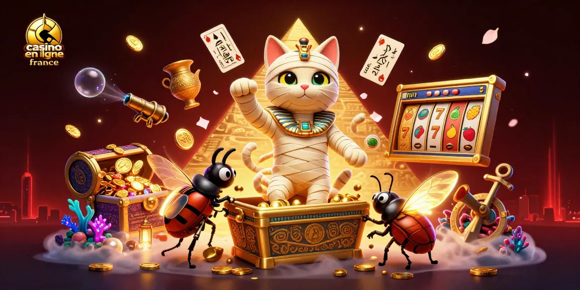 Explorez les jeux captivants sur casino en ligne france avec une illustration vibrante d'un chat momie dans un casino pyramidal.