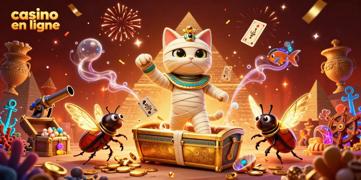 Découvrez le casino en ligne avec des jeux captivants illustrés par un chat momie égyptien.