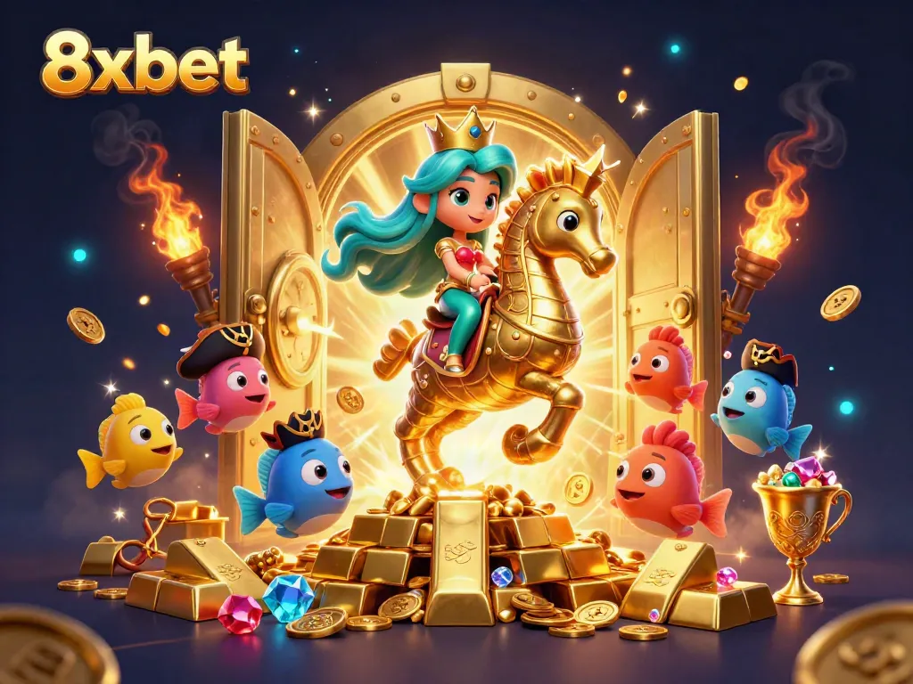Engage with 8xbet's vibrant casino scene featuring a mermaid princess and her treasure-filled surroundings.