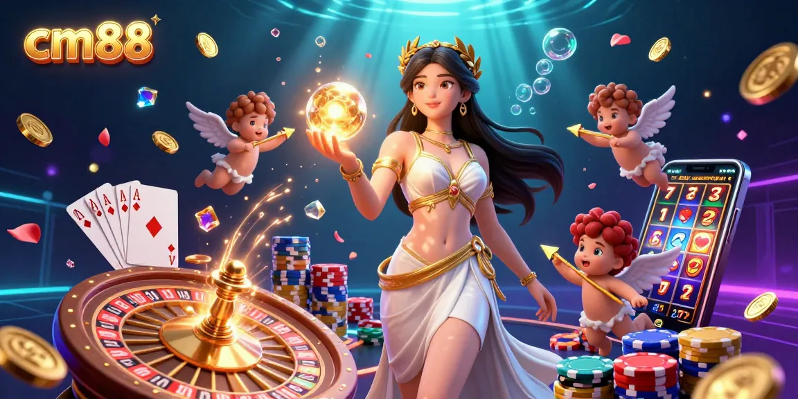 Experience the thrill of cm88 with captivating visuals of a goddess and cherubs in a dazzling casino realm.