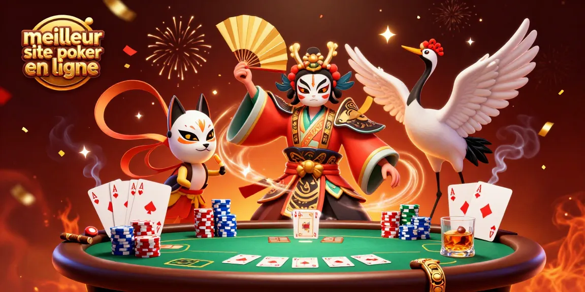 Jouer au meilleur site de poker en ligne avec un guerrier kabuki et un kitsune dans un cadre dynamique.