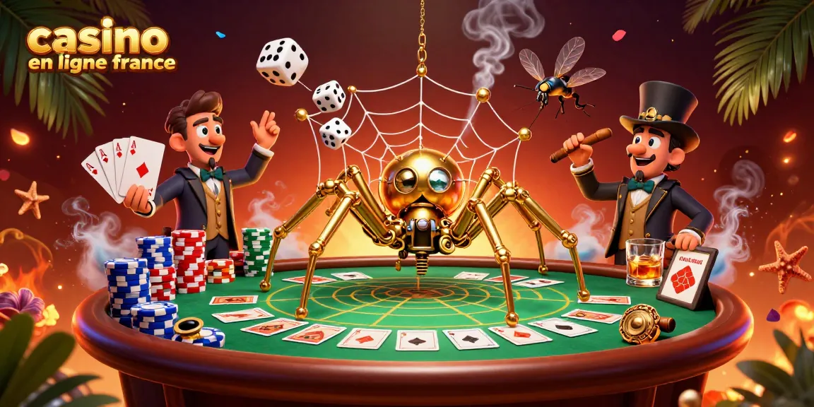 Illustration avec une araignée steampunk capturant les dés perdants au casino en ligne france, entourée de jetons de poker.