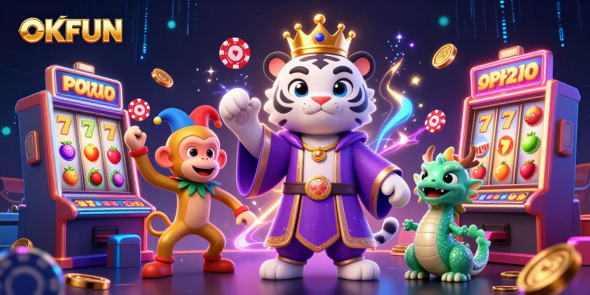 Engage in thrilling gameplay at OKFUN with an enchanting depiction of a royal tiger, golden monkey, and jade dragon amid colorful slot machines.