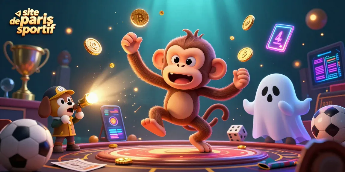 Animation captivante sur le site de paris sportif, révélant un singe poltergeist et un chiot chasseur de fantômes!
