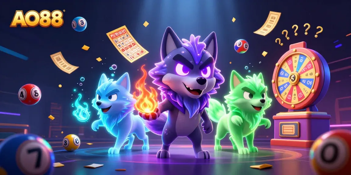 Engage with AO88's exciting world of gaming featuring a glowing wolf pack leading a dynamic scene of lottery and casino elements.