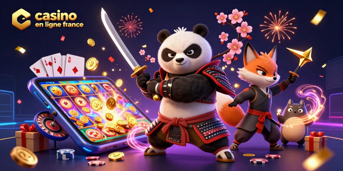 Jouez à un casino en ligne en France avec un panda samouraï et un renard ninja au milieu des jeux de casino.