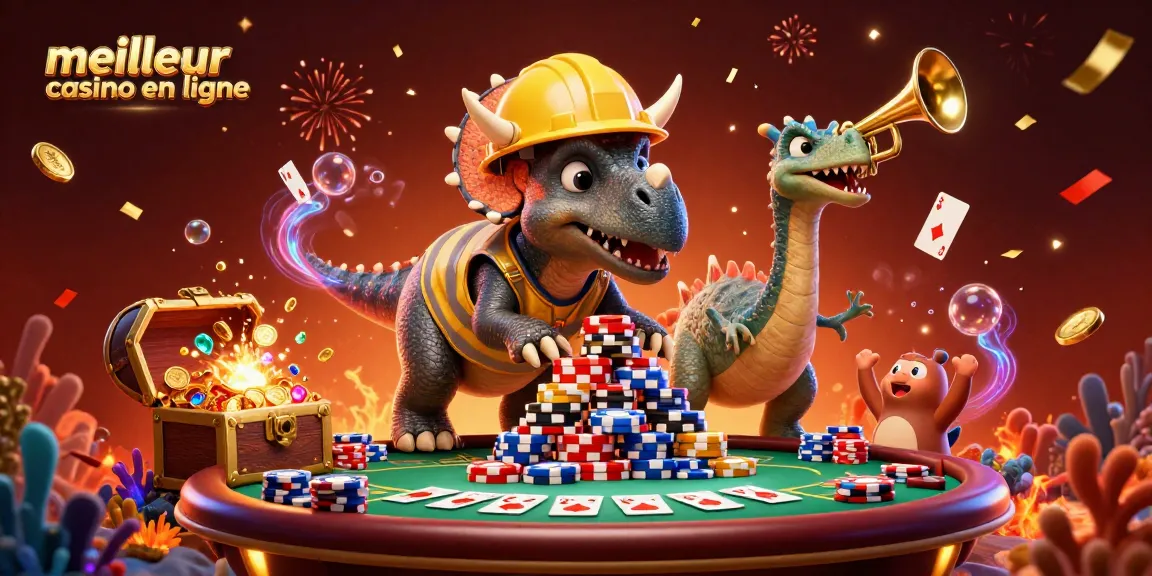 Scène festive joyeuse de triceratops et parasaurolophus célébrant au meilleur casino en ligne avec des jetons de poker.