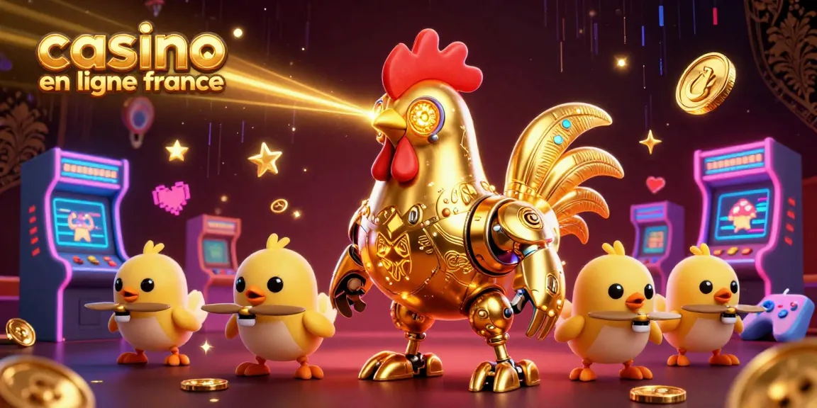 Plongez dans l'univers du casino en ligne France avec ce visuel captivant illustrant un robot coq doré s'élançant dans un monde de jeux.