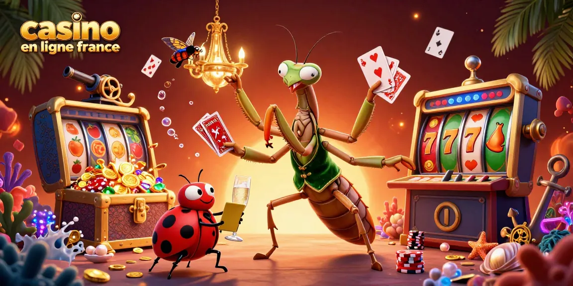 Illustration de casino en ligne France avec une mante religieuse et un gérant, entourés d'éléments de jeu.