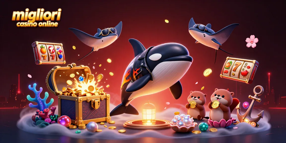 I migliori casino online presentano un'illustrazione vivace di un'orca e creature marine che interagiscono con i temi del gioco