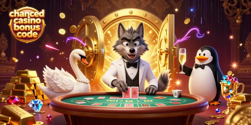 Experience the thrill with Chanced Casino Bonus Code, featuring a debonair wolf, swan dealer, and penguin sommelier.