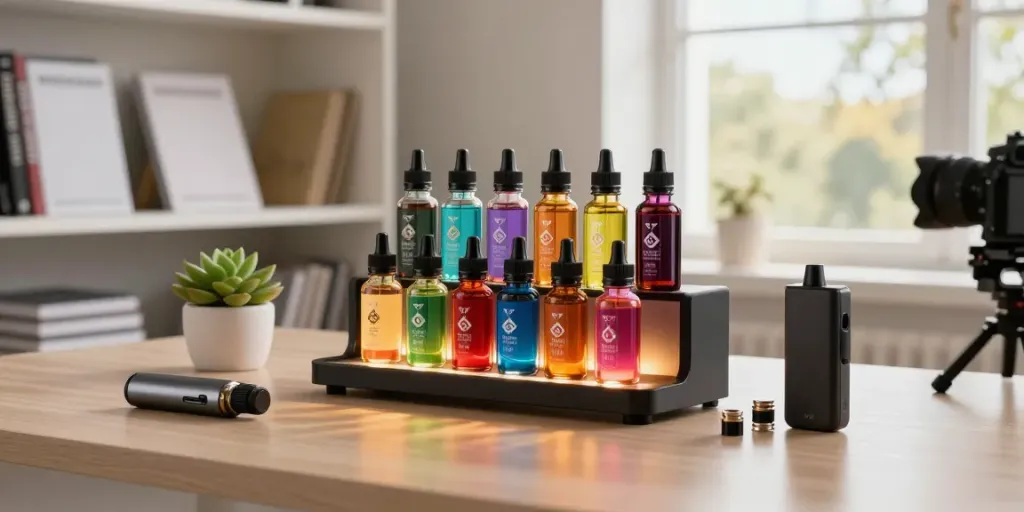 Nomenon e liquid 100ml bottles displayed on a stylish vape enthusiast's desk with cozy atmosphere.