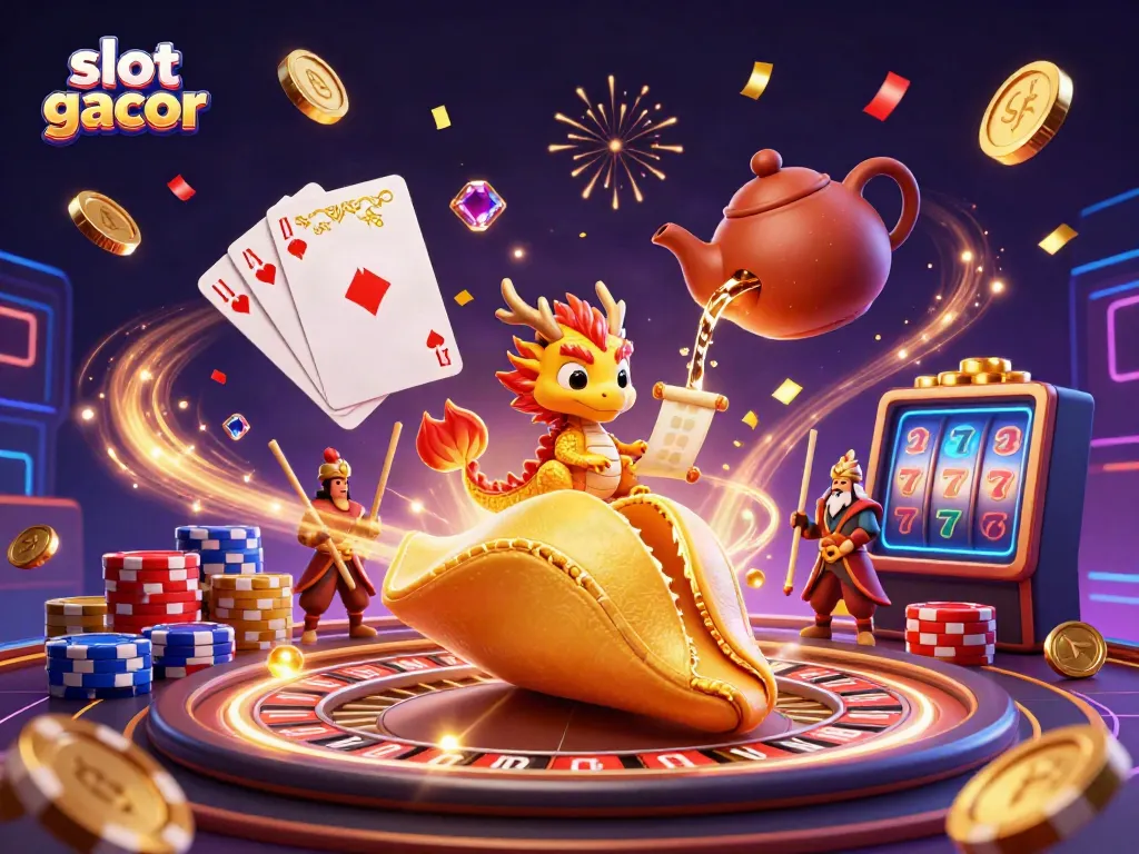 Experience the thrill of slot gacor as a golden fortune cookie reveals its secrets amidst an epic casino scene.