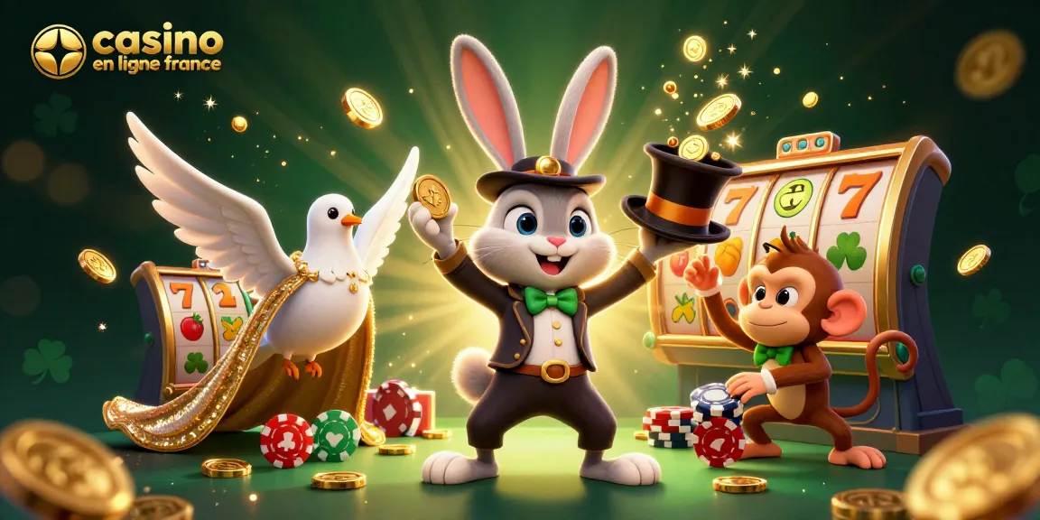 Illustration captivante représentant un casino en ligne France avec un magicien, une colombe et un singe en scène de jeu.