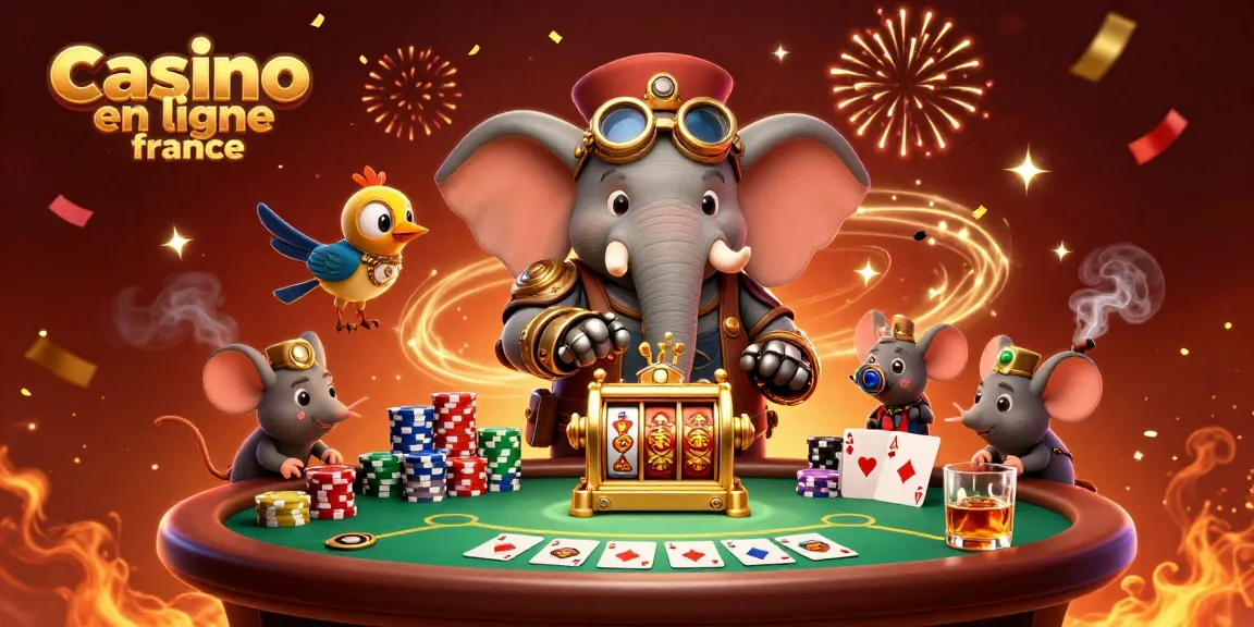 illustration dynamique de casino en ligne France avec un éléphant steampunk et des jeux de poker