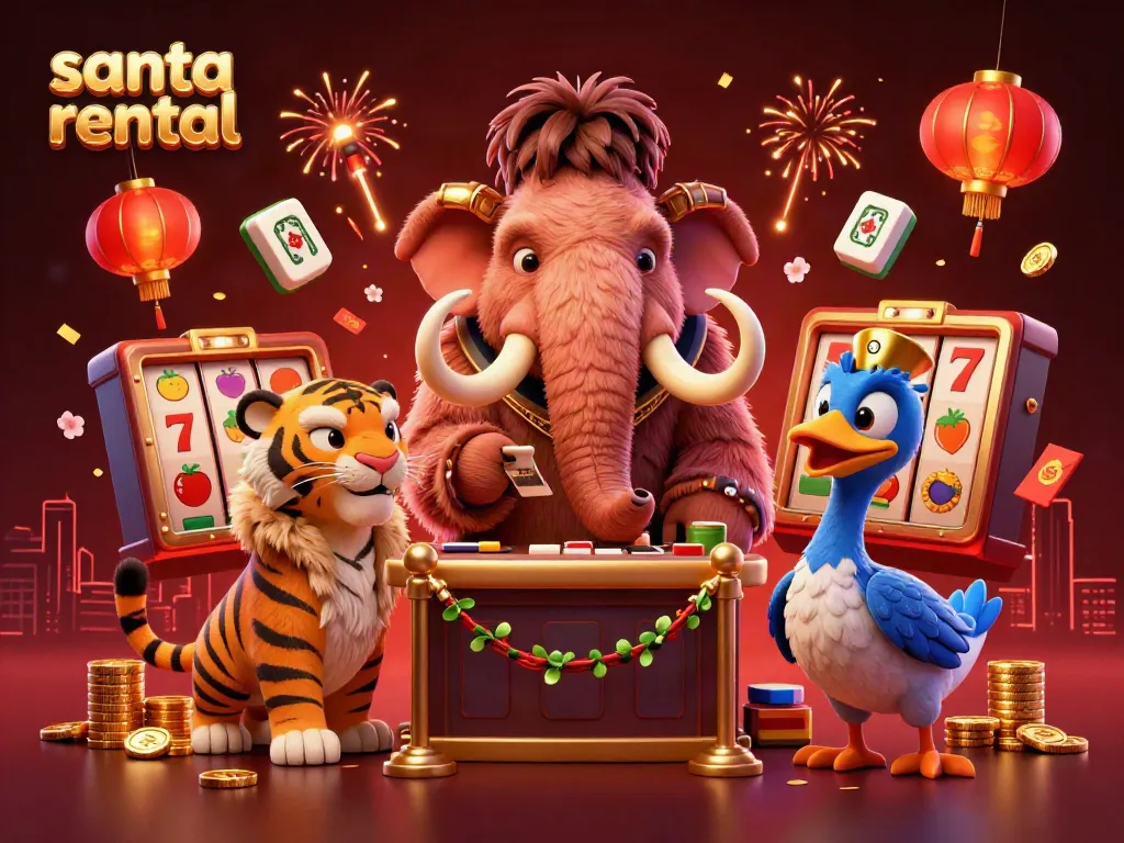 Engage with the ultimate Santa rental experience featuring a unique casino scene with characters and gaming elements.