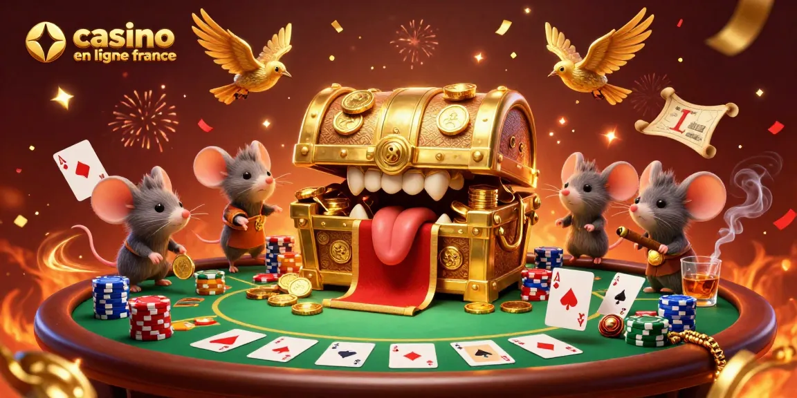 Illustration captivante de casino en ligne France, mettant en scène un coffre au trésor en 3D avec des souris aventurières.