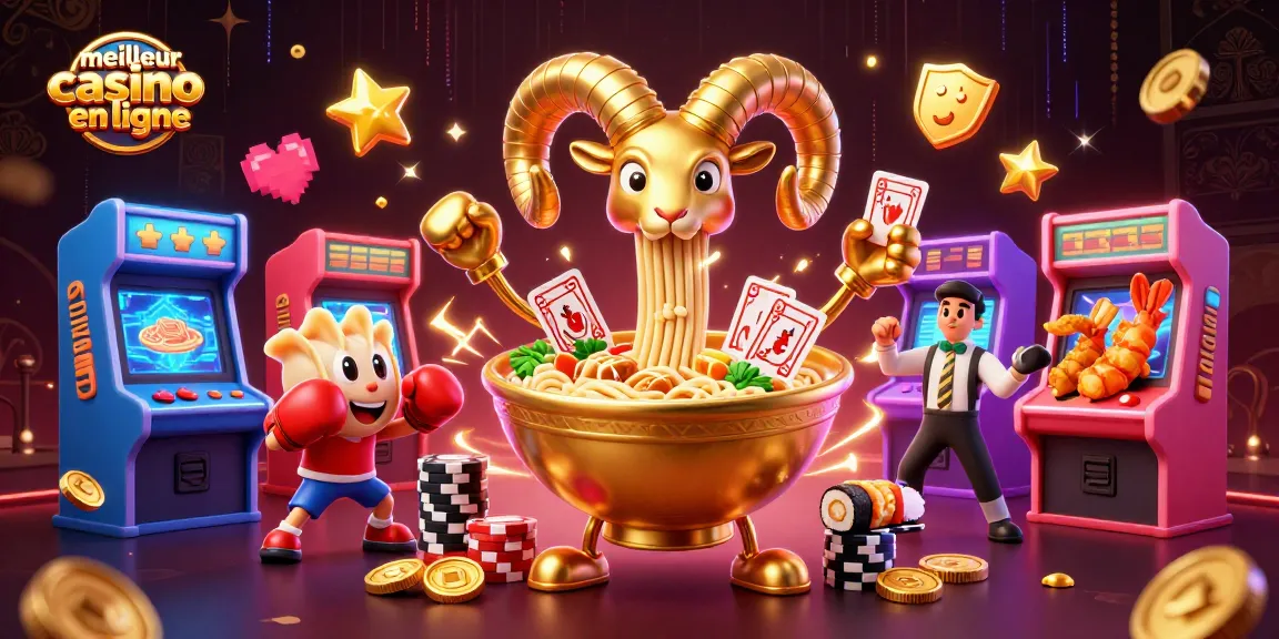 Illustration 3D dynamique de meilleur casino en ligne avec des personnages de ramen et des machines de jeu.