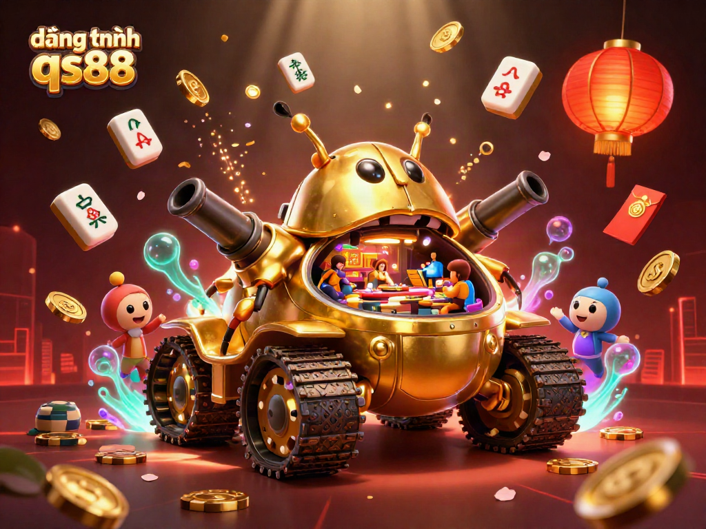 Join the excitement with đăng nhập qs88 in this dynamic casino illustration featuring a golden beetle tank.