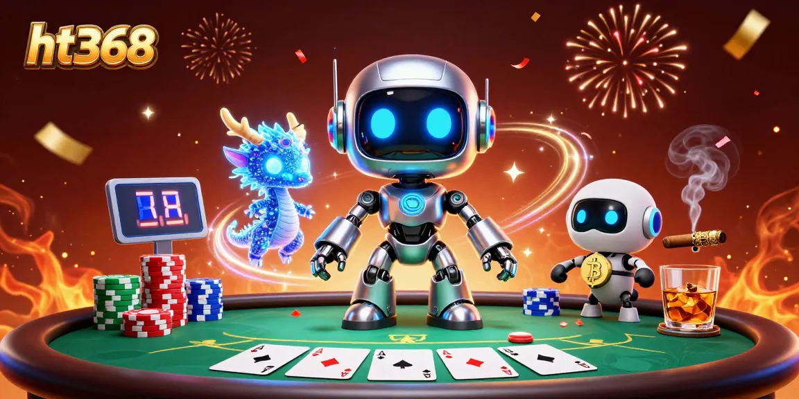 Engage with ht368 through a dynamic poker scene featuring a cool robot mascot and interactive elements.