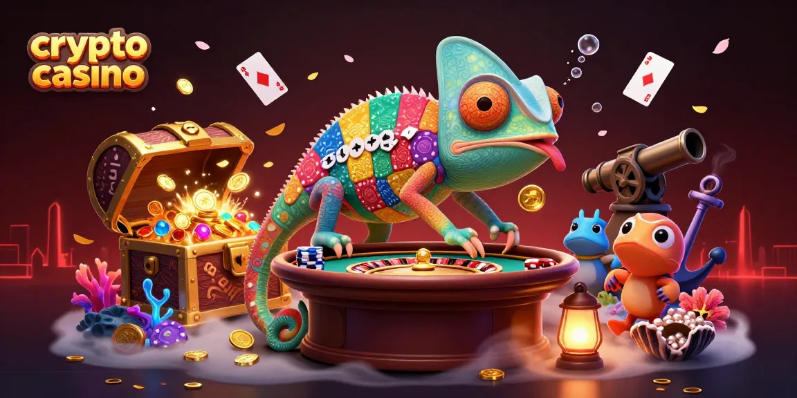 Gioca in un crypto casino mentre il camaleonte colleziona monete d'oro in un ambiente vibrante.