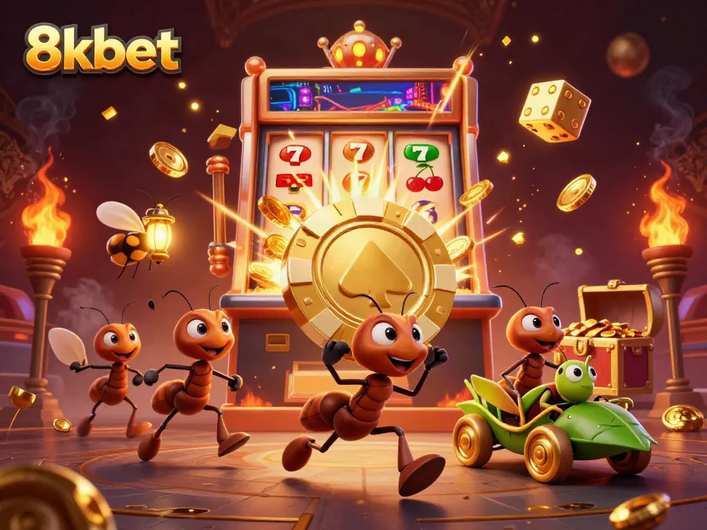 Ants perform a heist while transporting a giant golden chip themed around 8xbet casino.