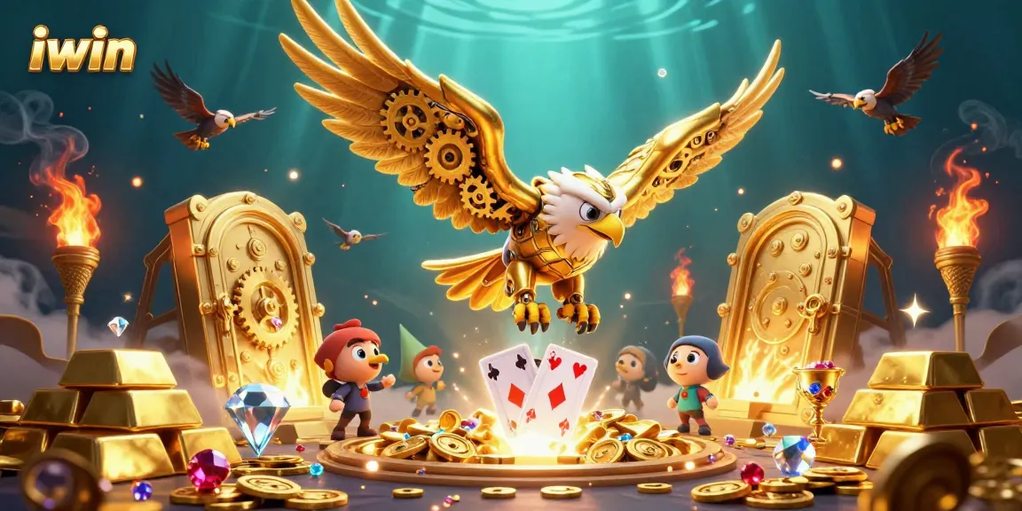 iwin showcases a vibrant casino scene with a golden eagle diving through playing cards, full of treasures.