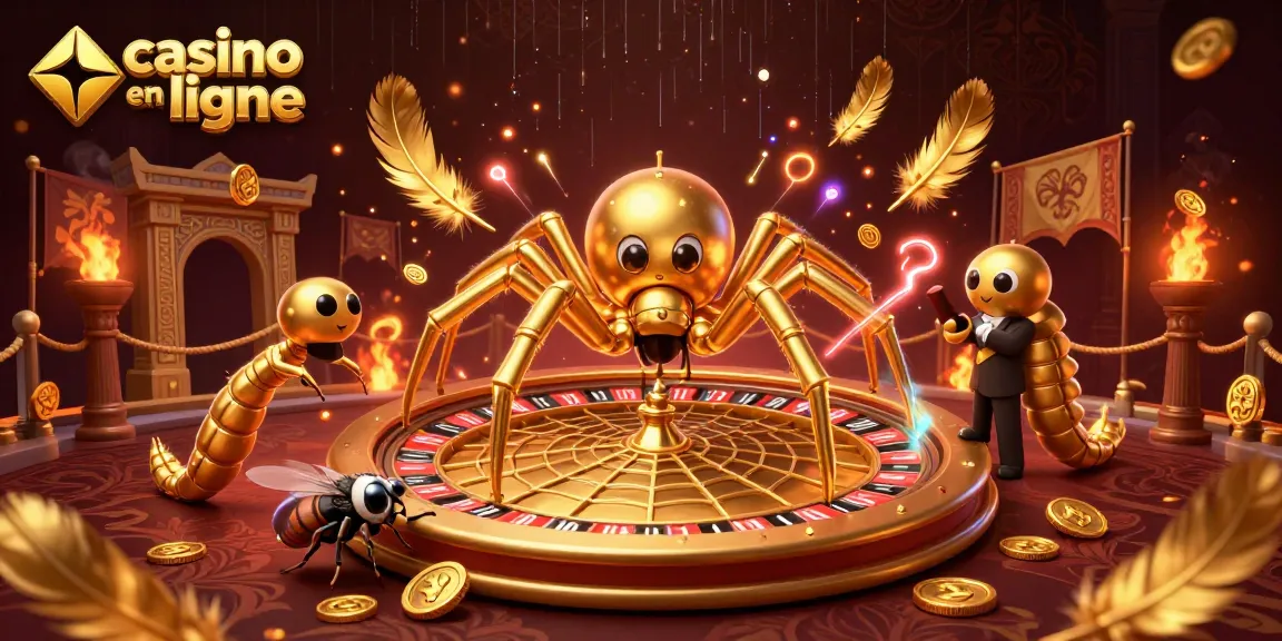 Découvrez l'univers du casino en ligne avec une araignée dorée et un croupier centipède.