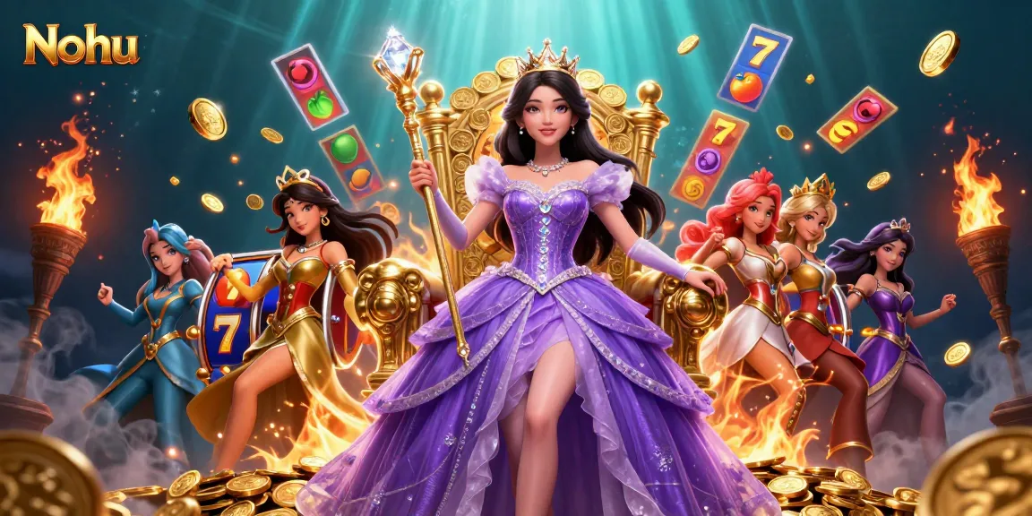 Nohu showcases a lavish casino scene with a royal theme, featuring a princess among slot reels and jackpot symbols.