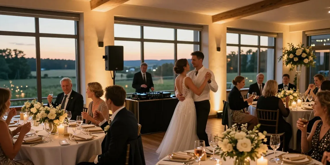 Hochzeit DJ Brandenburg bei romantischer Hochzeitsfeier mit tanzendem Paar und eleganten Tischdekorationen.