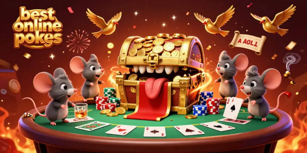 Experience the best online pokies with vibrant visuals of treasure and poker elements.